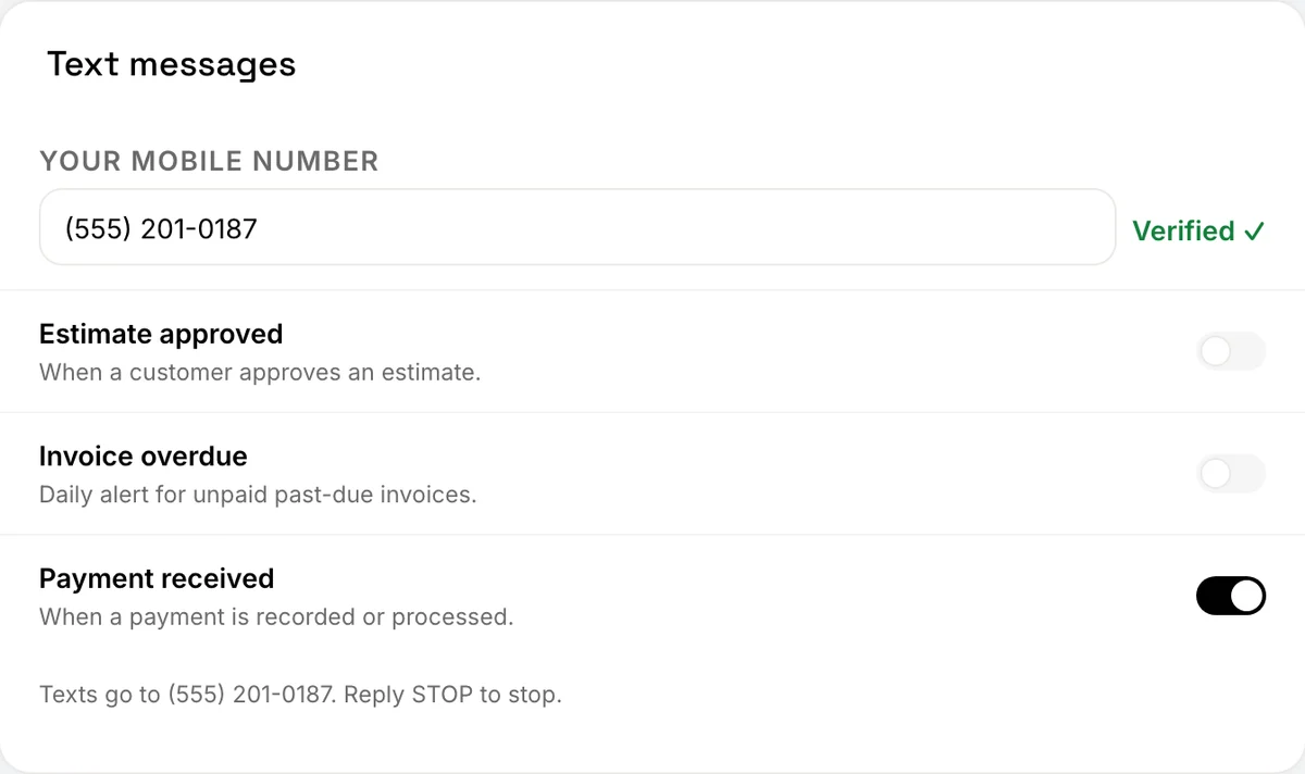 The Text messages card with the Payment received alert switched on and the line Texts go to the verified number, Reply STOP to stop.